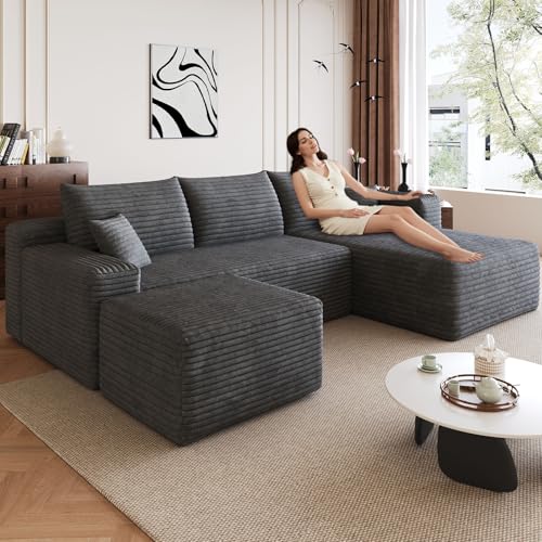 Image of 95 inch Modular Sectional Sofa with Ottoman, Modern Corduroy Cloud Couch Deep Seat, Boneless Couch Upholstered 3-Seater U-Shaped Sofa for Living Room, No Assembly (Dark Gray,Right-Facing Chaise)