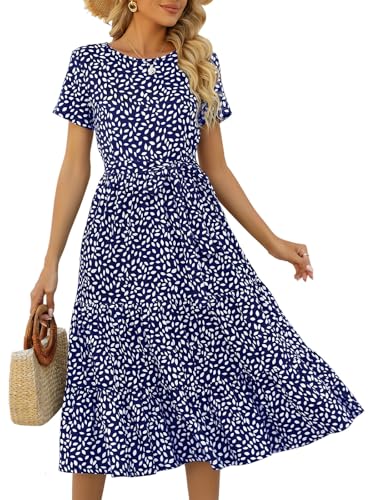 Image of Lyrur Women's Dresses Casual Summer Tiered Midi Dress Short Sleeve Belted Ruffle Babydoll Boho Sundress with Pockets