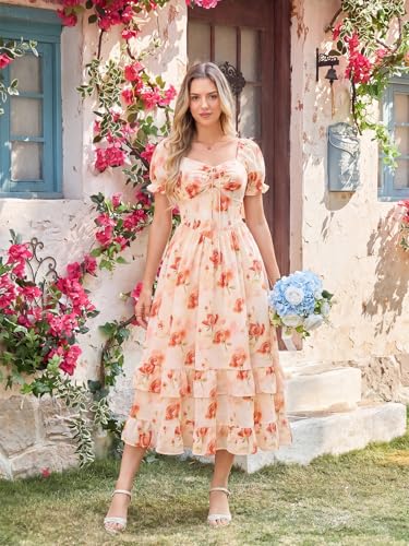 Image of Scarlet Darkness Women Floral Maxi Dress Puff Sleeve Tea Party Corset Dress | Pockets, Ruched Bust, Ruffled Hem, for Cottagecore Fairy Milkmaid Vacation