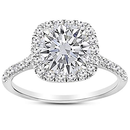 14K White Gold 1-5 Carat Lab Grown Round 4 Prong Cut Halo IGI Diamond Engagement Ring (D-E Color VS1-VS2 Clarity)