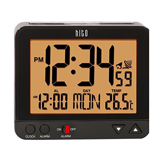 HITO 3.8" Digital Battery Atomic Alarm Clock Bedside Travel Auto Time Set Auto Night Light Date Day Indoor Temperature 4 Timezones for Bedroom Office Desk