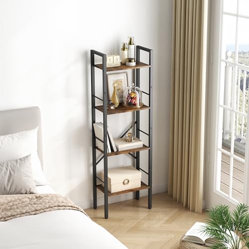 Tajsoon 4 Tier Ladder Shelf Industrial Small Bookcase, Narrow Small Bookshelf with Metal Frame, Multifunctional Skinny Shelf for Bedroom, Living Room, Home Office, Rustic Brown