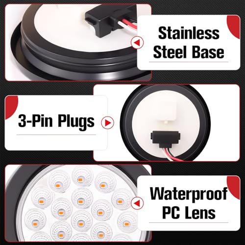 Image of 2PCS 4 Inch 19LED Amber Round Led Trailer Tail Lights,Brake Stop Turn Signal Light w /Grommets,12V,IP67 Waterproof,3-Prong Wire Pigtails