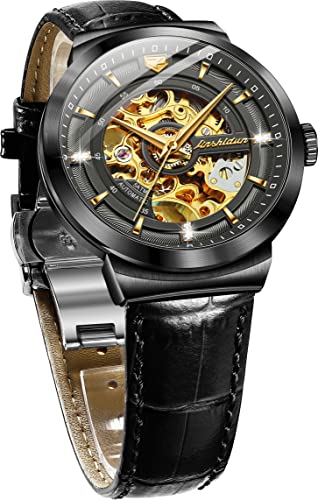 JSDUN Men's Black Skeleton Leather Watches Automatic Mechanical Luxury Dress Wrist Watches