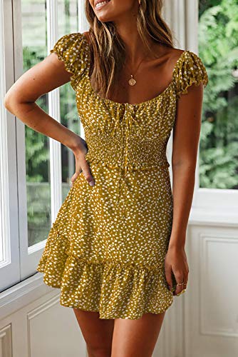 Image of Valphsio Womens Smocked Dress Ruffle Floral Tie Front Boho Short Dresses