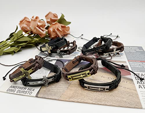 WAINIS 8PCS Braided Leather Cross Bracelets for Men Woven Bracelet Vintage Religious Christian Adjustable Wristband Bracelets Set3