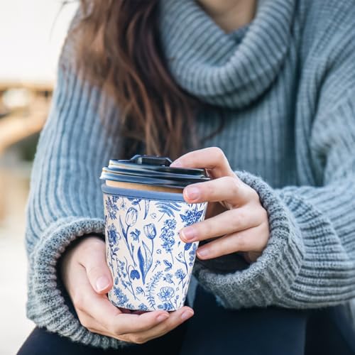 Image of Reusable Insulated Sleeve for Iced Coffee Cup, 3-Pack Coffee Neoprene Drink Sleeve for Cold & Hot Drinks, Beverage Holder for Iced Coffee (Blue Fern Florals)