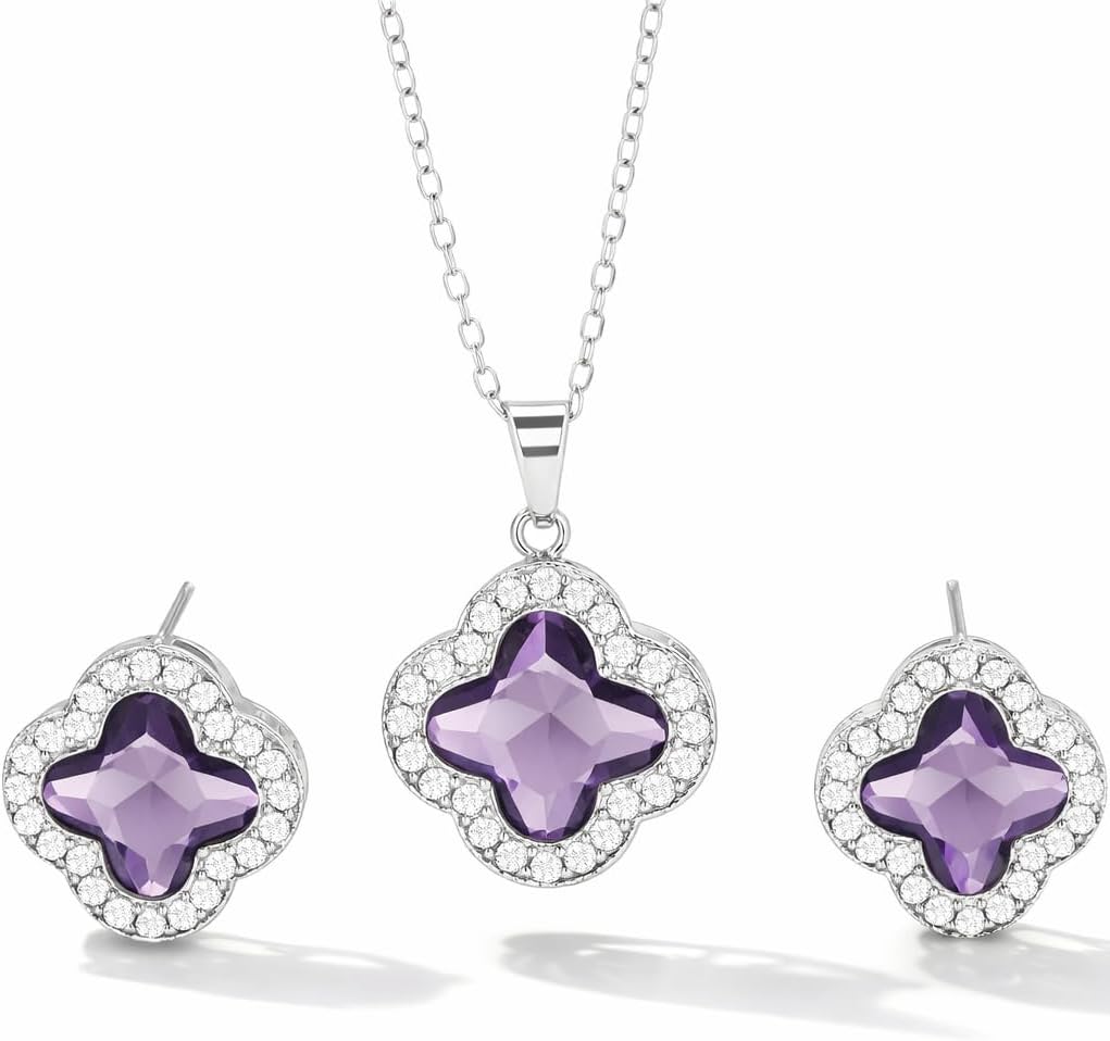 Four Leaf Clover Necklace and Earrings Set for Women, Clover Jewelry Set with Pendant Necklace and Stud Earrings, Brilliant Cubic Zirconia, Polished Metal Setting, Hypoallergenic, & Lightweight