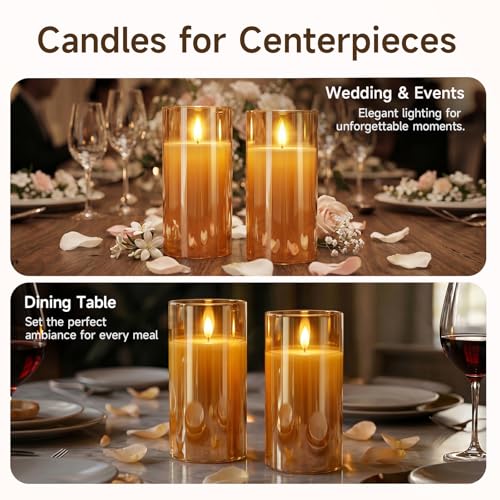 Image of Homemory Amber Glass Flameless Candles Battery Operated LED Pillar Candles with Remote and Timer, Real Wax Flickering Candles with 3D Wick, Decorative Candles Home, Wedding, Holiday Decor, Set of 2