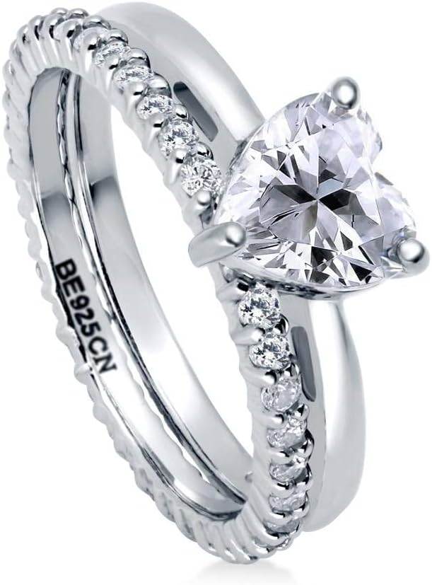 BERRICLE Sterling Silver Solitaire Wedding Engagement Rings 1.1 Carat Heart Shaped Cubic Zirconia CZ Heart Ring Set for Women, Rhodium Plated
