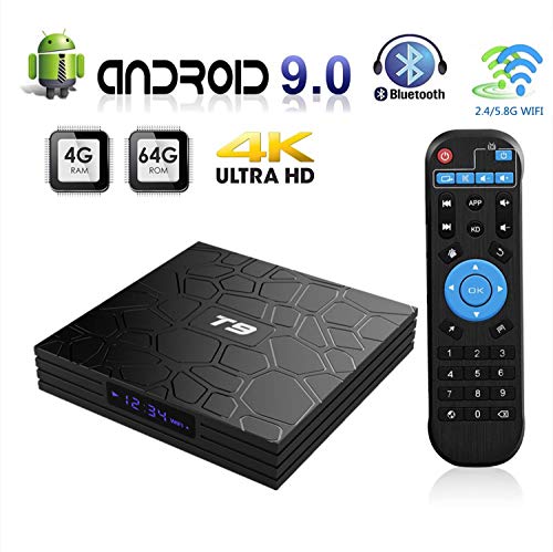 Android TV Box, T9 Android 9.0 Smart TV Box 4GB RAM 64GB ROM RK3318 Quad Core Soporte 2.4 / 5Ghz WiFi Bluetooth 4.0 3D 4K Ultra HD H.265 HDMI USB 3.0 Mini Android Box
