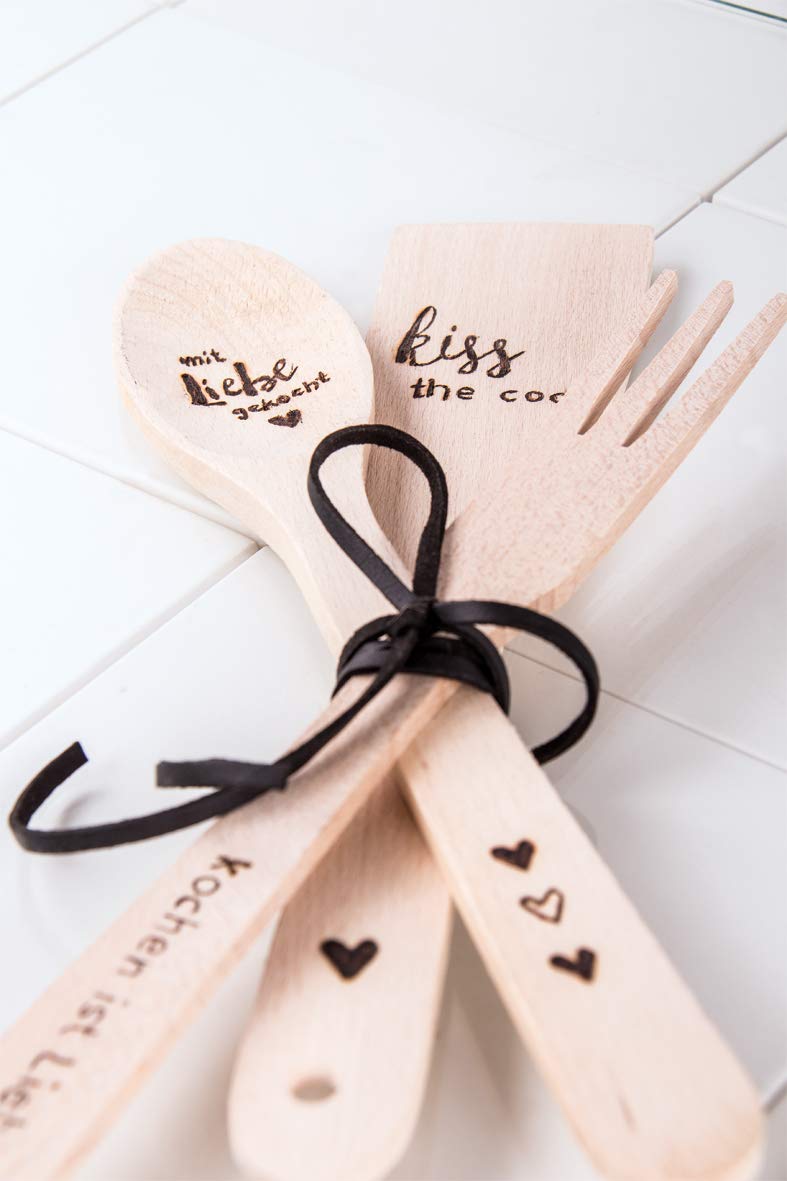 Rayher 62862505 set di posate in legno naturale, 30 cm, larghezza 2,8-5,8 cm, 3 pezzi composti da forchettone, cucchiaio e spatola, da decorare e personalizzare