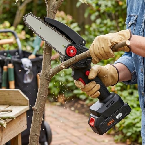Image of Cordless Mini Chainsaw 48VF Battery Powered Handheld Electric Chainsaw Portable Small Pruning Shears Wood Cutter for Tree Trimming Branch Cutting Garden Yard Work Woodworking with Safety Baffle