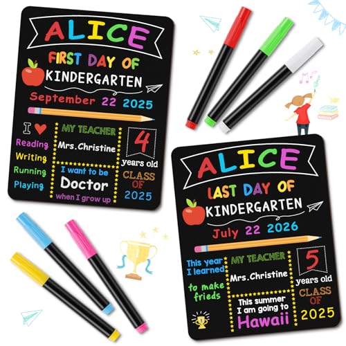 Image of First & Last Day of School Board, 10.3 x 13 Inch Double Sided Back to School Sign for Kids /Girls /Boys, Reusable Wooden 1st Day of Preschool /Kindergarten Chalkboard