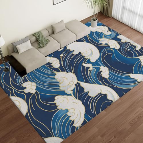 Tapis de bain antidérapant bleu vagues, tapis de douche absorbant et lavable machine