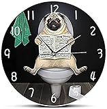 Pug Dog Leer periódico en el Inodoro en el baño Cachorro Perro Reloj de Pared Animales Divertidos Arte de Pared Colgante Reloj de Pared Amante del Perro Decoración del hogar Regalos para M