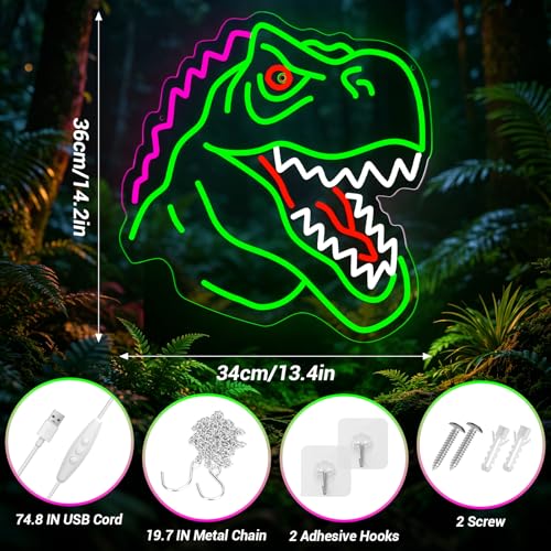 Image of Dinosaur Neon Sign Lights for Wall Decor, T-REX LED Sign for Room and Man Cave Decor, Dimmable Powered LED Signs for Bedroom, Man Cave Party, Birthday Christmas Gift (T-REX Green)