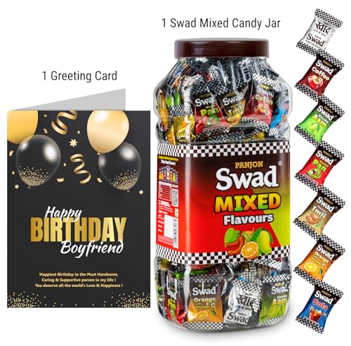 Image of Swad Happy Birthday Boy friend Gift with Card (Swad Mixed Flavours Candy 200 Jar & 1 Greeting card) 2 units
