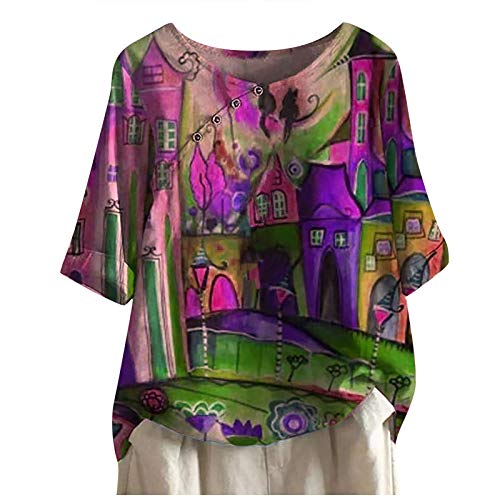 Women's Summer Tops Colorful Shirts Casual Loose Tee 3/4 Sleeve Buttoned Blouses for Women Tunic Tops Purple