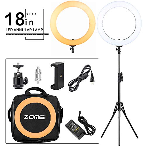 ZOMEI Kit de luces de anillo LED: 18 "58W 5500K Luz de anillo LED regulable, soporte, abrazadera de teléfono, rótula y filtro de color para teléfono inteligente, cámara, YouTube Video Live, maquillaje