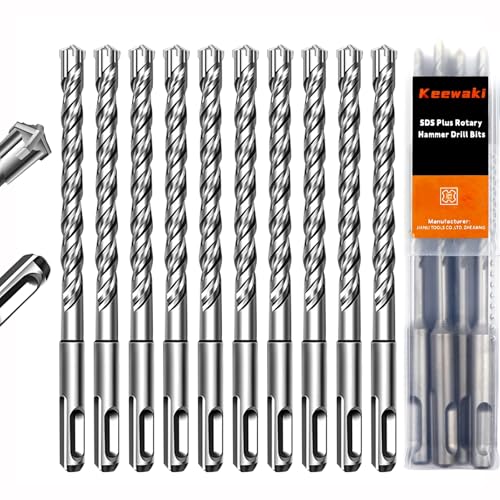 Keewaki 10 Pack 1/2 x 6 SDS Plus Rotary Hammer Drill Bits Set Cross Carbide Tip Heavy Duty Masonry Drill Bits for Concrete Brick Hammer Drill Bits - Concrete Drill Bit Set
