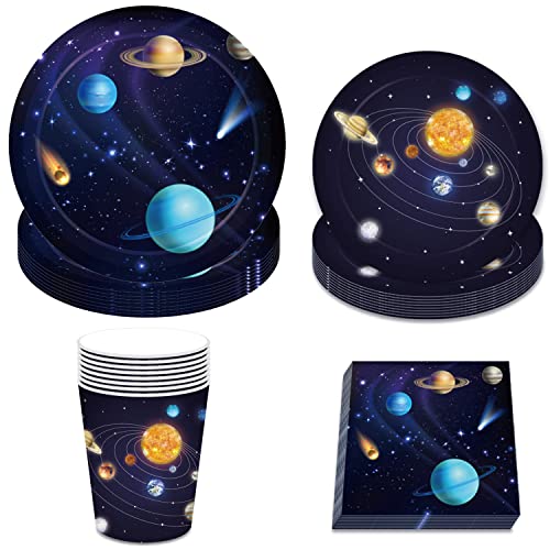 44Pcs Outer Space Galaxy Tableware Birthday Party Supplies Decorations -Space Galaxy Themed Kids Baby Shower Party -Disposable Dinner Dessert Plate Napkin Paper Cup #TOP12