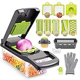 Cortador de verdura Manual, Mandolina de Cocina Multifuncional 13 en 1-2 Cuchillas, 7 Rebanadoras Rallador, Separador de Huevo y Escurridor, Cuchillas Acero Inoxidable