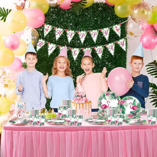 YeahBoom 50 Stück Flamingo Partygeschirr Set,Partygeschirr Hawaii,Geburtstagsdeko Mädchen Flamingo,Pappteller Kindergeburtstag mit Flamingo,Kindergeburtstag Mädchen Junge für 10 Gäste