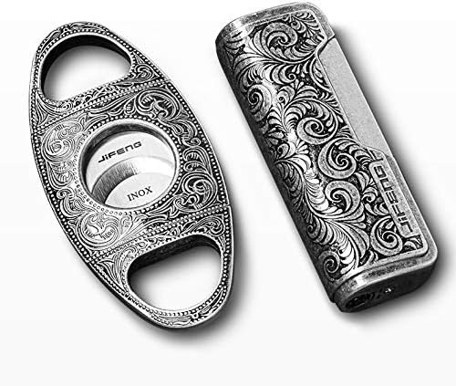 Cigar Cutter and Lighter Set Stainless Steel Bronze Engraved Double Guillotine Cut Blade and Retro Carved Lighter Packing with Nice Gift Box Great Gift for All Cigar Lovers(2Pcs/Set) (Sliver)