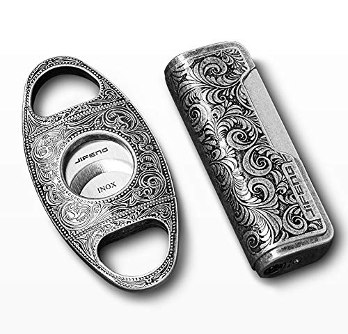 Cigar Cutter And Lighter Set Stainless Steel Bronze Engraved Double Guillotine Cut Blade And Retro Carved Lighter Packing With Nice Gift Box Great Gift For All Cigar Lovers(2Pcs/Set) (Sliver) #TOP1