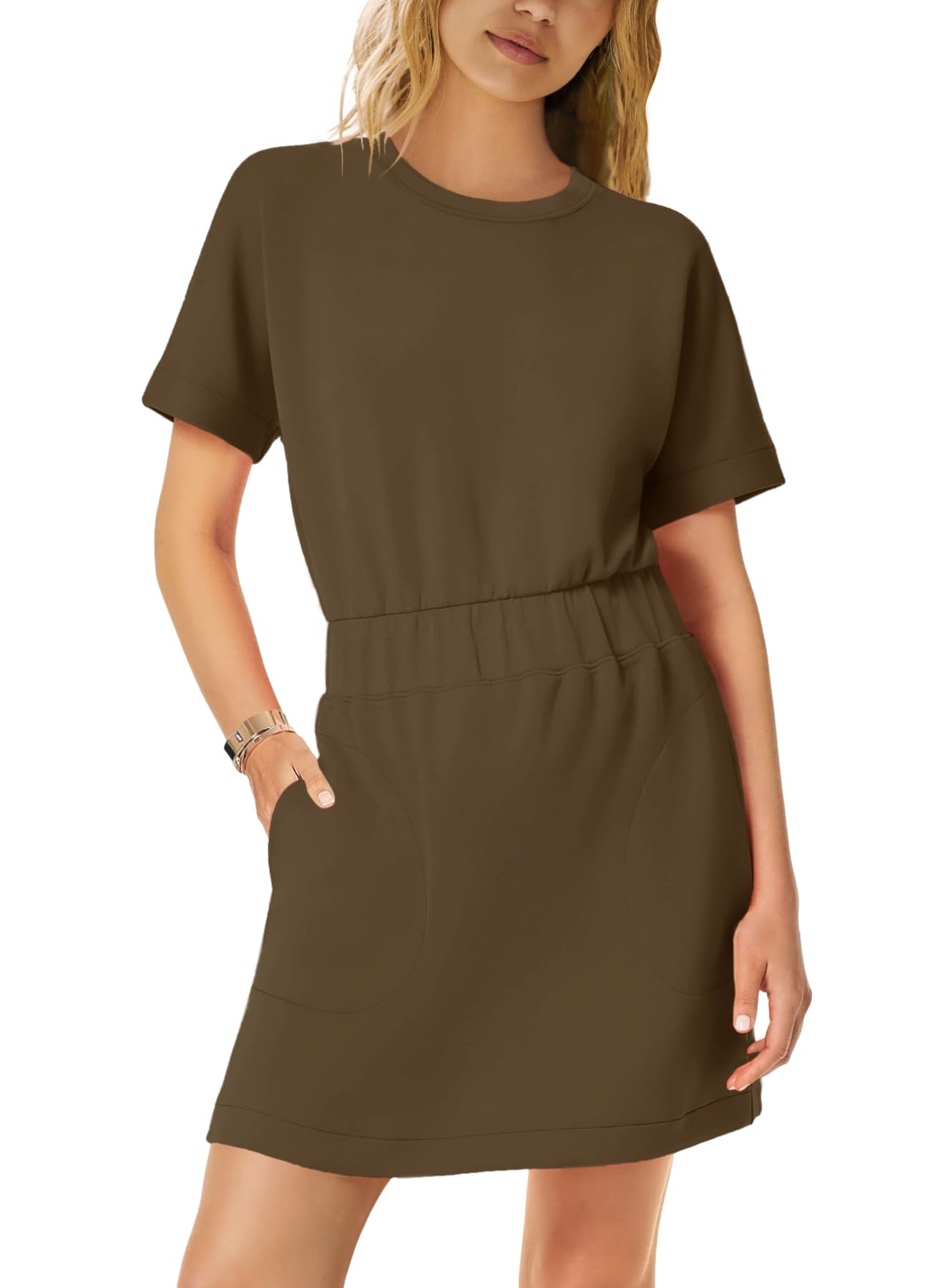 SENSERISE Womens Short Sleeve T Shirt Dresses Crew Neck Solid Color Basic Smocked Waist Dress with Pockets
