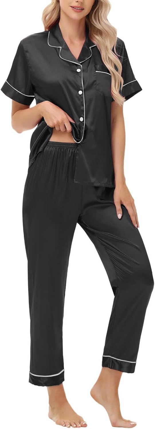3 Piece Silk Satin Pajama Set for Women Soft Short Sleeve Button Down Pjs with Shorts Long Pants Sleepwear S-XXXL - Image 6