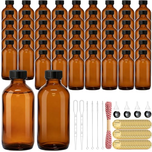 TBWIND 54 Pack 4oz Amber Glass Boston Round Bottles with Airtight Caps