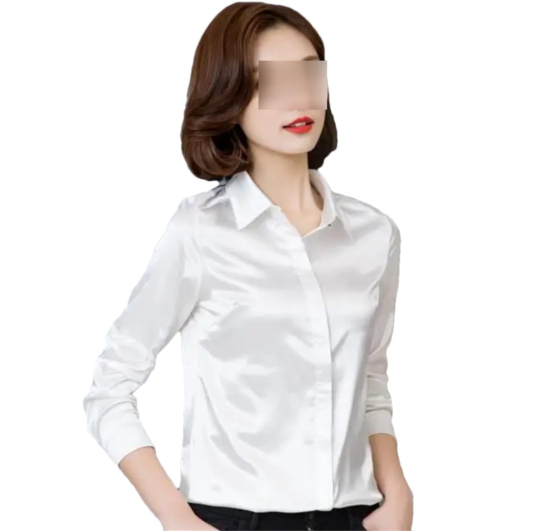 Blusa de satén para mujer, con botones, manga larga, solapa, oficina, trabajo, elegante, de seda