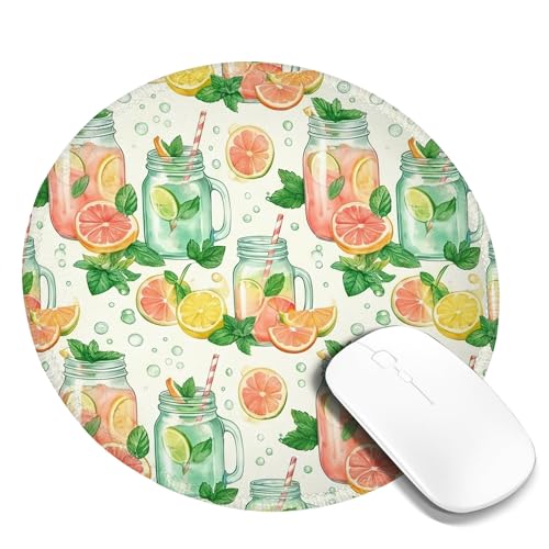 Mason Jar - Alfombrilla de mouse pequeña, diseño de limón tropical, verano, verde, redondo, de goma, antideslizante, estética, decoración para el hogar, oficina, trabajo, juegos, escritorio, redondo