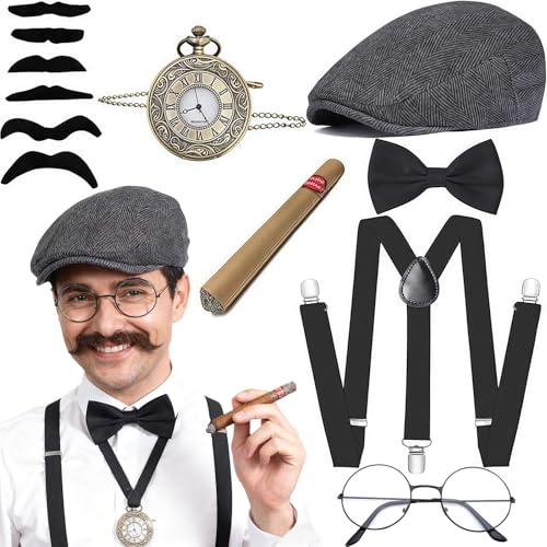 WANGWANG Set Accessoires Gangster Années 20 Homme (7 Pièces), Déguisement Années Folles Style Vintage, Panoplie Gentleman avec Casquette Plate, Bretelles, Montre de Poche & Moustache - Idéal Carnaval
