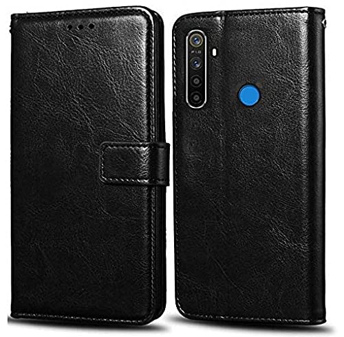Dreamax Realme 5s Leather Magnetic Vintage Flip Case | 3 Card Pocket Slot | Wallet & Inner TPU Foldable Stand Flip| Compatible with Realme 5s (Black)