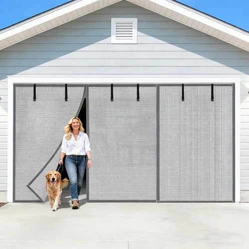 Privacy Garage Door Screen for 2 Car Garage 16x8FT Blackout Magnetic Screen Door with Retractable Fiberglass Mesh&Heavy Duty Weighted Bottom Privacy Screen Easy Assembly&Pass for Patio-Sliver Grey