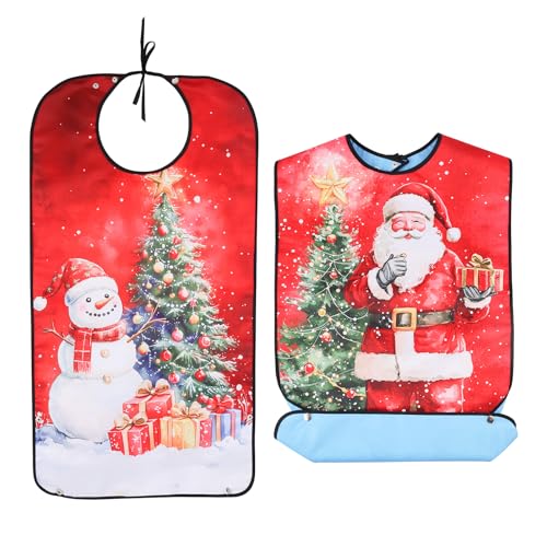 Gosknor 2pcs Christmas Adult Bibs, Reusable Dining Clothing Protectors Washable Waterproof Bibs with Xmas Tree Santa Snowmen Patterns for Eating Feeding Elderly Seniors Men Women