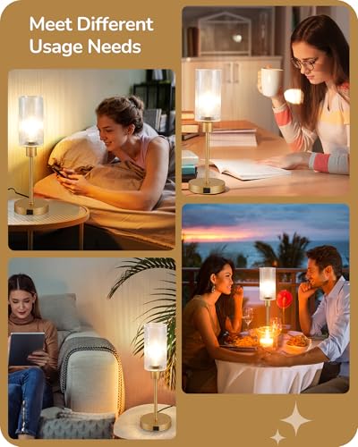 Touch Control Glass Table Lamp with USB Charging Ports - 3-Way Dimmable Nightstand Lamp for Bedroom and Office
