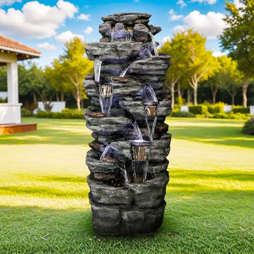 Image of SunJet 47.2 inch High Multi-Tiers Cascading Rock Outdoor Water Fountain with LED Lights - Large Outdoor Resin Fountains and Waterfalls for Garden or Patio, Yard, Deck Decor, Featuring Natural Stone Look