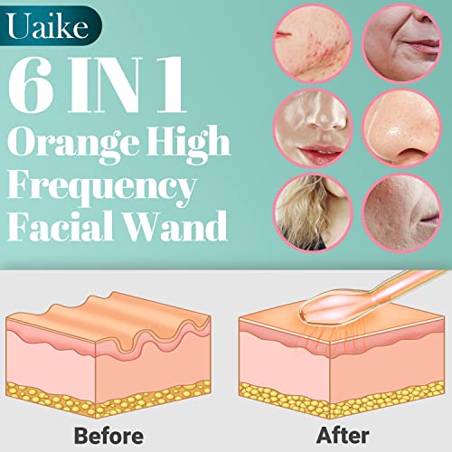 High Frequency Facial Wand - Uaike 6 In 1 Portable Handheld High Frequency Facial Machine - With 6 Pcs Orange Glass Tubes At Home Face Skin Wand Device For Body/Neck/Hair/Face #TOP2