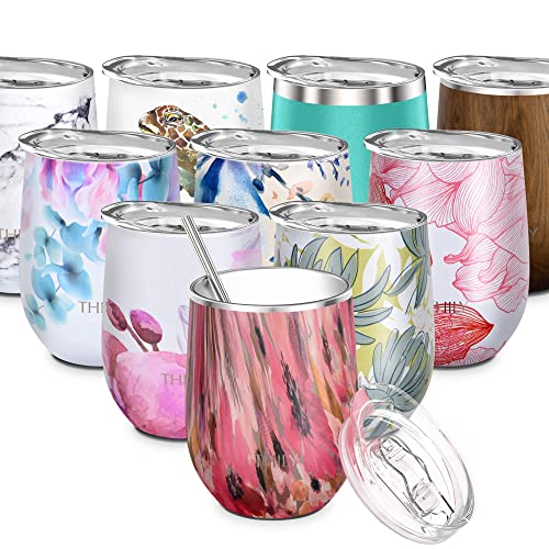 THILY Weinglas mit Deckel und Strohhalm, isoliert, 340 ml, dreifach wandig, isoliert, Edelstahl, hält kalt oder heiß für Wein, Kaffee, Cocktails und Getränke,Aquarell Blume Cover