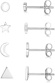 Sterling Silver Stud Earrings - 4 Pairs Small Silver Ball Earrings Triangle Stud Earrings Round CZ Earrings Bar Earrings Set Hypoallergenic Studs Cartilage 14K Earrings(3mm2&5mm2)