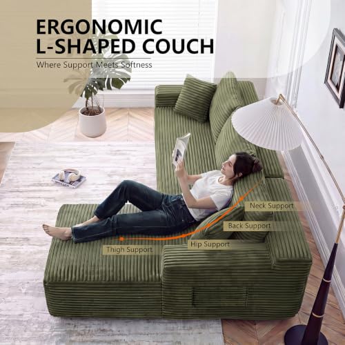 Image of 94.5 inch L Shaped Boneless Sectional Corduroy Couches for Living Room (Green)