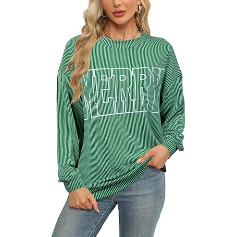 Women Merry Shirt Christmas Long Sleeve Shirt Merry Letter Print Pullover Holiday Sweatshirt Xmas Gifts Pullover Top Green Cover