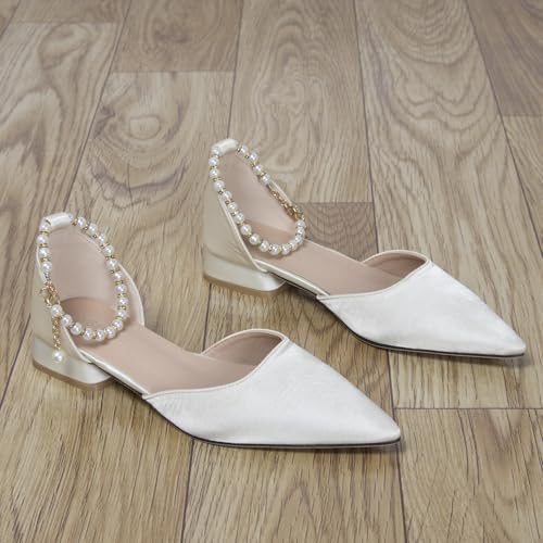 Women's 1 Inch Beige Satin Heels with Pearl Ankle Strap Pointy Closed Toe Low Block Chunky Pumps Comfort White Wedding Dress Sandal Shoes for Bride Guest Party2