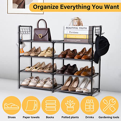 Elechotfly Shoe Rack, 16-20 Pairs Shoe Storage Organizer, 4 Tiers Shoe Stand, Easy Assembly Stackable Sturdy Shoe Tower With 2 Hooks, Metal Shoe Shelf For Entryway, Closet, Garage, Bedroom, Cloakroom #TOP5