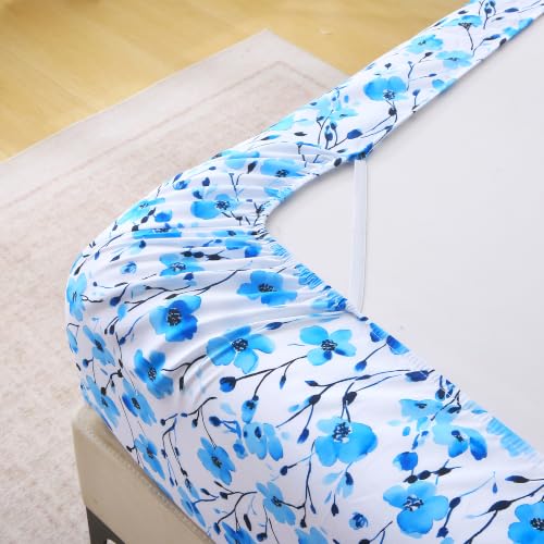 Image of Mooreeke Cozy Floral Blue Microfiber Printed Queen Sheet Set | Soft Breathable Gradient Blue Flower Sheets with Deep Pocket Non-Slip Fitted Floral Printed Queen Bedding for All Seasons