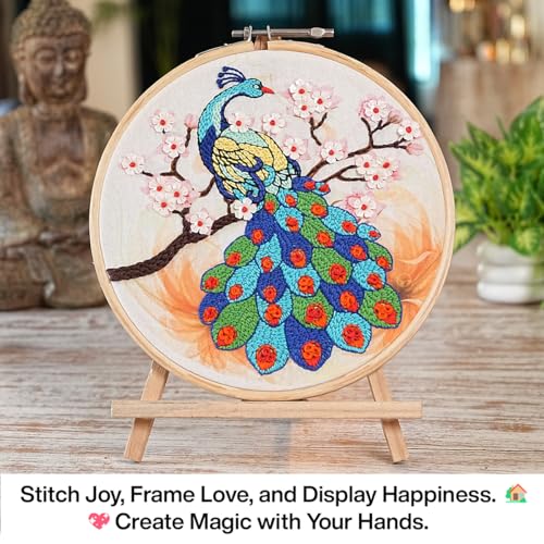 Image of picknMAKE Colorful Majestic Peacock Hand Embroidery Kit for Beginners, Adults & Kids - Digital Printed Fabric, Threads, Needles, Floral Sequins & Instructions - DIY Embroidery Set
